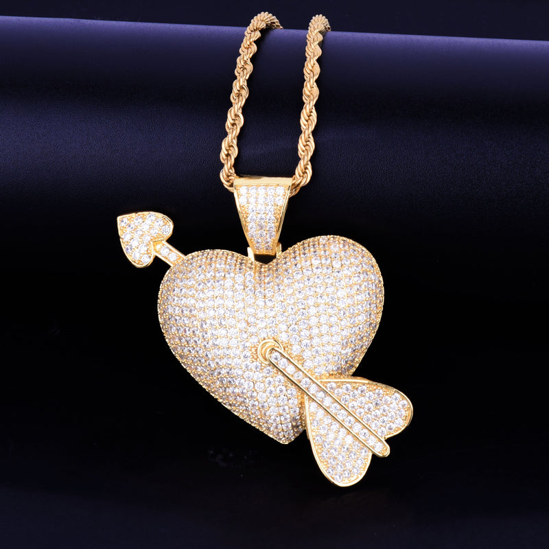 Heart Arrow Pendant Necklace Gold Color AAA Cubic Zircon Men's Hip Hop Rock Jewelry