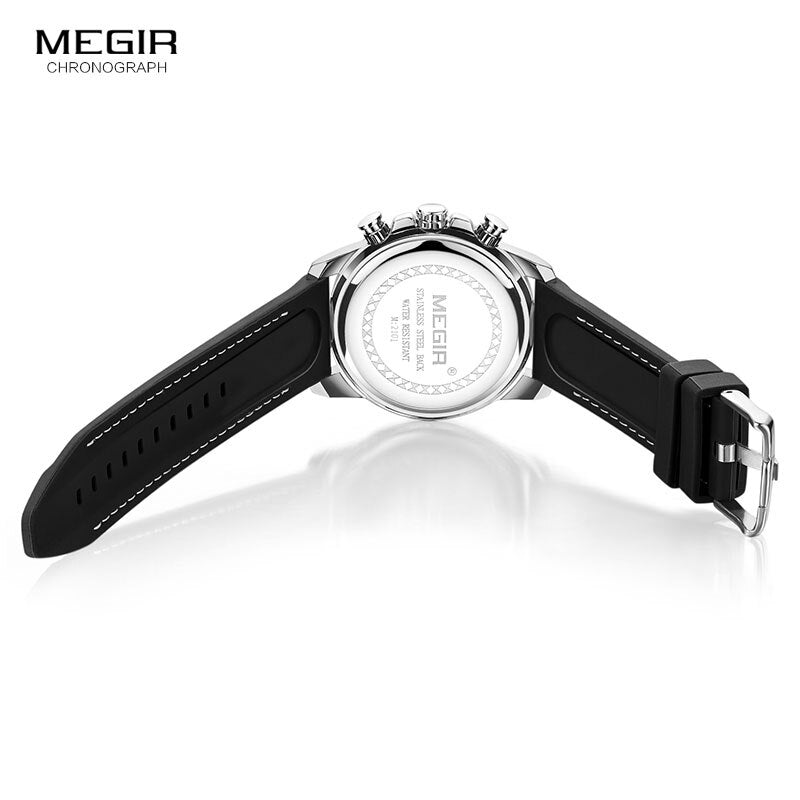 MEGIR Army Sports Quartz Watches Men Chronograph Silicone Strap Wristwatch Luxury Top Brand Relogios Mascuoino Clock 2101 Silver