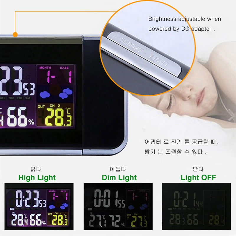 Digital Projection Alarm Clock Weather Station with Temperature Thermometer Humidity Hygrometer/Bedside Wake Up Projector Clock