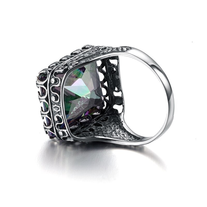 Szjinao Kpop Ring For Women Real 925 Sterling Silver Punk Ring Mystic Rainbow Topaz Gemstones Wide Large Vintage Silver Jewelry