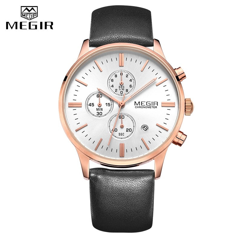 MEGIR Luxury Casual Men Watches Leather Strap Quartz Chronograph Top Brand Watch Military Sport Men relogio feminino Waterproof