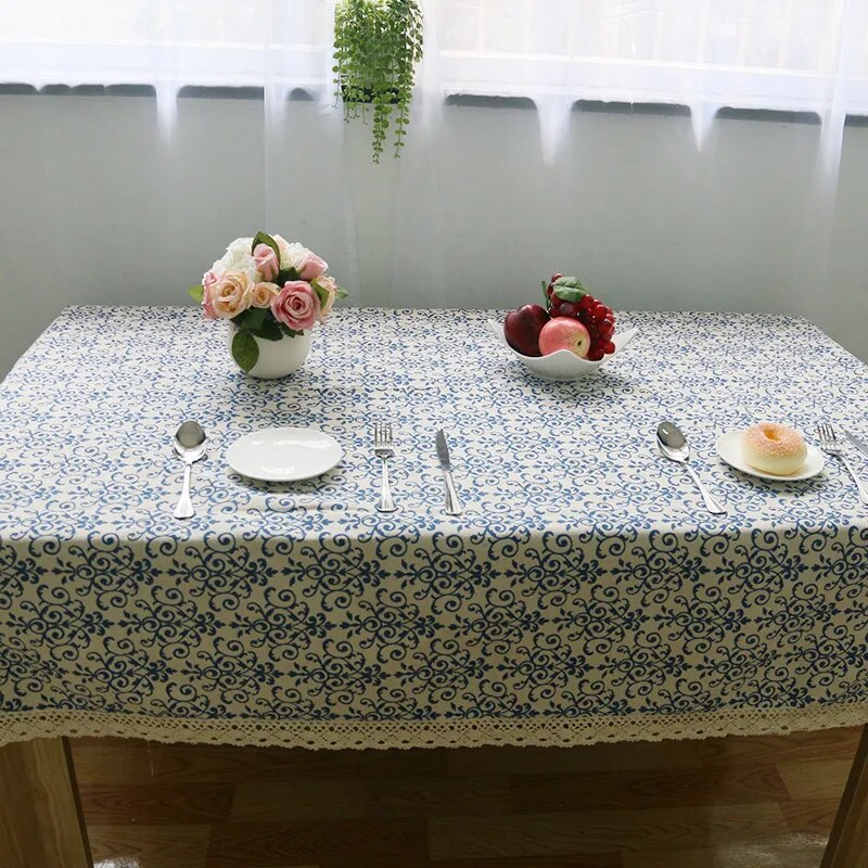 WINLIFE Arrivals Chinese Classical Blue and White Porcelain Lace Tablecloth Linen and Cotton Dust-proof Table Cloth