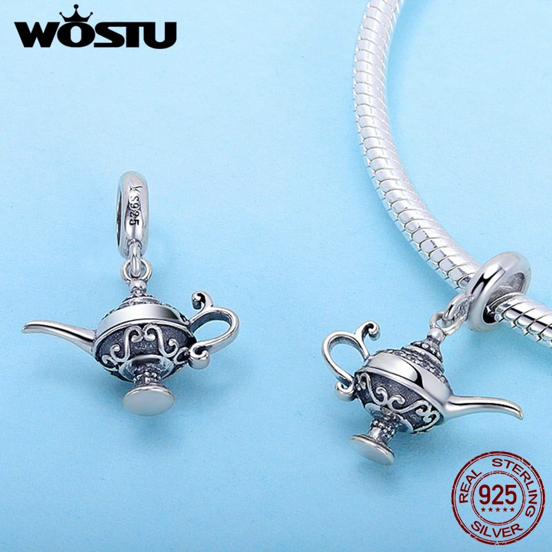 WOSTU Hot Sale 925 Sterling Silver Lamp of Aladdin Dangle Charm Fit Original DIY Beads Bracelet Lucky Wish Jewelry Gift CQC703