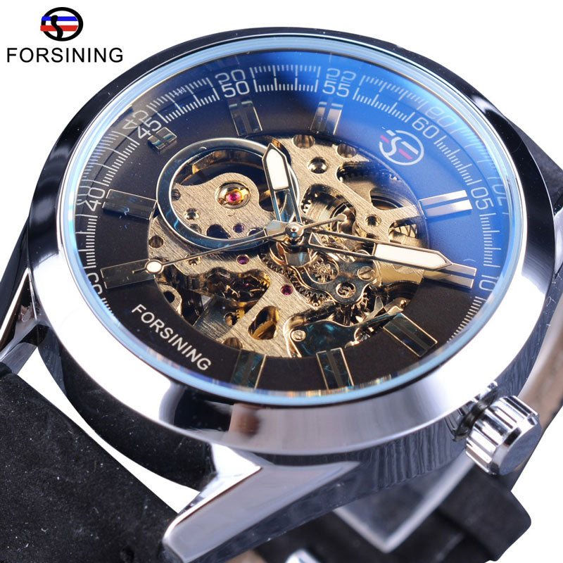 Forsining Blue Light Glass Mens Casual Sport Watch Leather Military Automatic Men Mechanical Wrist Watch Skeleton Luminous Clock