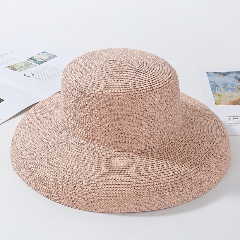 HT2303 2023 New Summer Sun Hats Ladies Solid Plain Elegant Wide Brim Hat Female Round Top Panama Floppy Straw Beach Hat Women