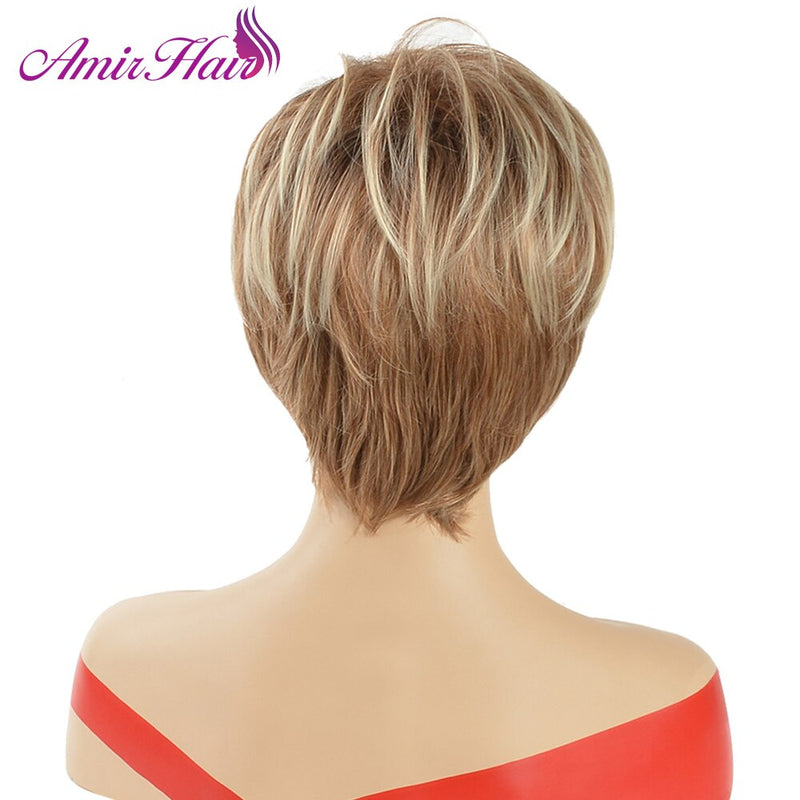 Amir Synthetic Pixie Cut Wigs Short Blonde Wig with Bangs for Women Brown Replacement Wig Straight Hair Wigs