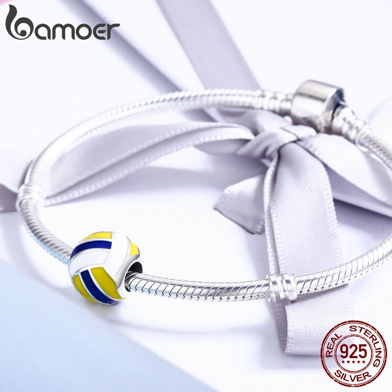 BAMOER Authentic 100% 925 Sterling Silver Sport Ball Volleyball Love Charm Beads fit Women Bracelet DIY Beads Jewelry SCC448