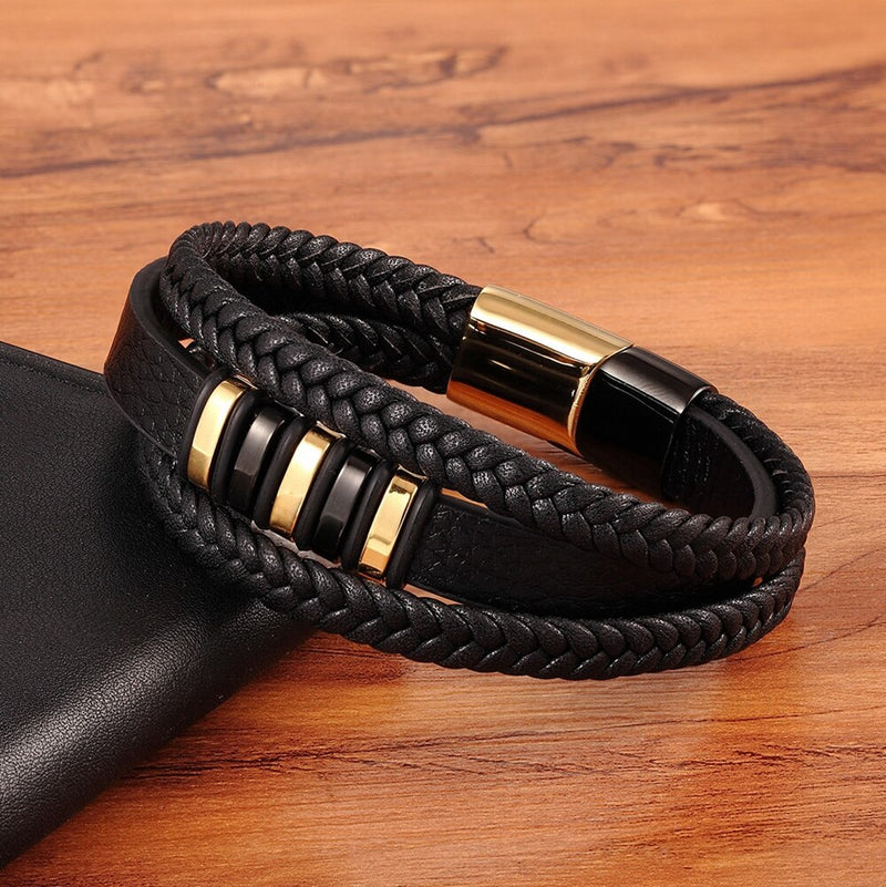 TYO High Quality Stainless Steel Charm Stackable Layered Bracelet Leather Genuine Braided Black Bracelet for Men&