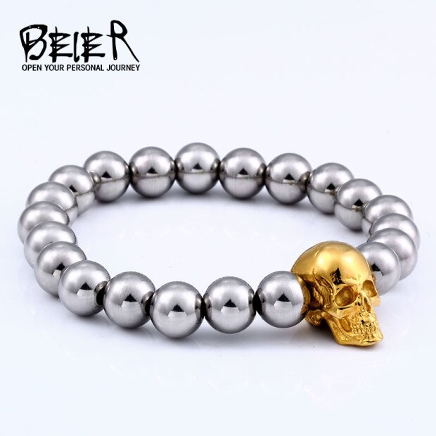 BEIER Steampunk Metal Skull Bracelets Elastic Steel Beads Chain Skeleton Men Bracelets Sets Male Hand Accessories gift HSS006