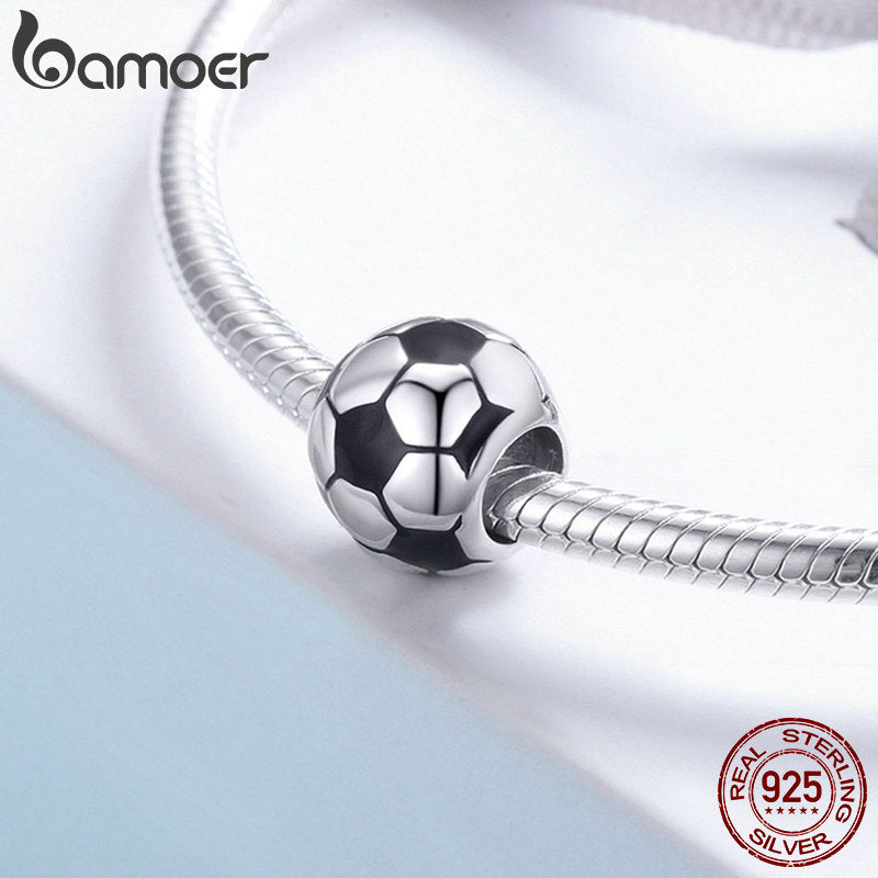 BAMOER Genuine 100% 925 Sterling Silver Sport Football Love Ball Charm Beads fit Women Bracelet &amp; Necklaces Jewelry SCC666