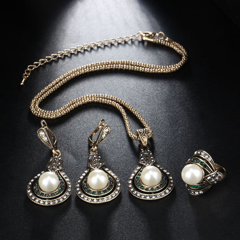 Kinel 3Pcs Vintage Jewelry Sets For Women Antique Gold Pearl Earrings Necklace Ring Wedding Party Female Turkish Jewelry