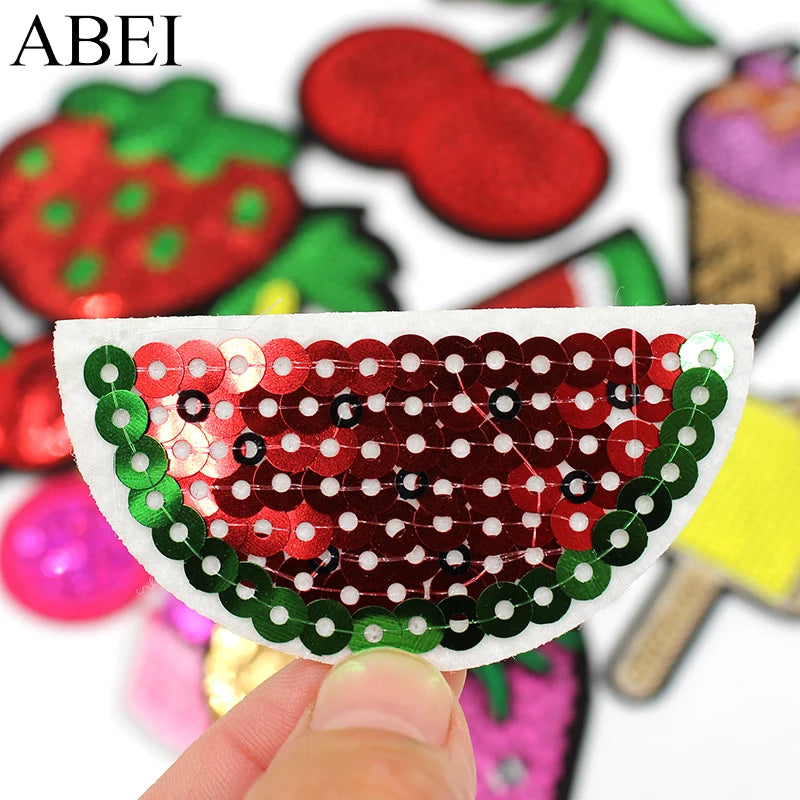 12pcs/lot Mix Sequined Fruits Patches Iron On Ice Cream Stickers for bags DIY Jeans Sweaters Applique Handmade Sewing Patchwork