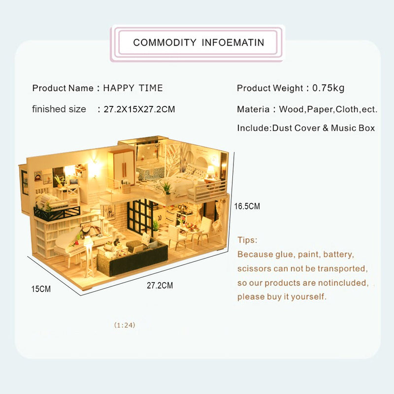 Cutebee DIY Doll House Miniature with Furniture LED Music Dust Cover Model Building Blocks Toys for Children Casa De Boneca M21