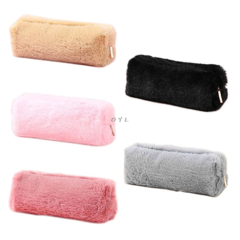 Solid Color Plush Pencil Case School Pencil Cases Bag Stationery For Girls School Supplies Tools