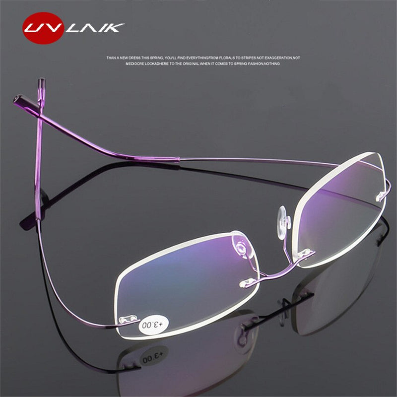 UVLAIK Stainless Steel Reading glasses Rimless Men Women Reading Glasses Definition Anti Fatigue Ultralight Frameless Eyewear