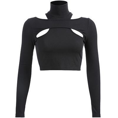 Rockmore Korean Style Harajuku Buckle Women Turtleneck Long Sleeve T Shirt Femme Basic T-shirt Hollow Out Gothic Cotton Crop Top