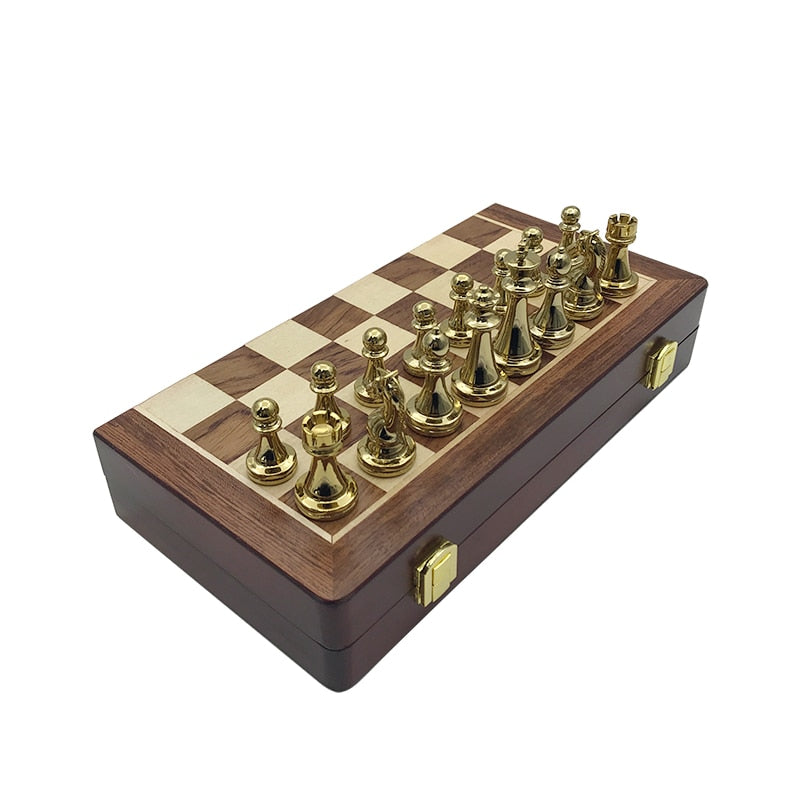 Easytoday Metal Glossy Golden And Silver Chess Pieces Solid Wooden Folding Chess Board High Grade Professional Chess Games Set