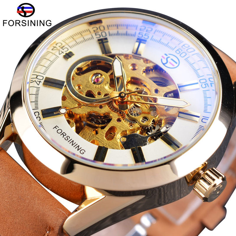 Forsining Blue Light Glass Mens Casual Sport Watch Leather Military Automatic Men Mechanical Wrist Watch Skeleton Luminous Clock