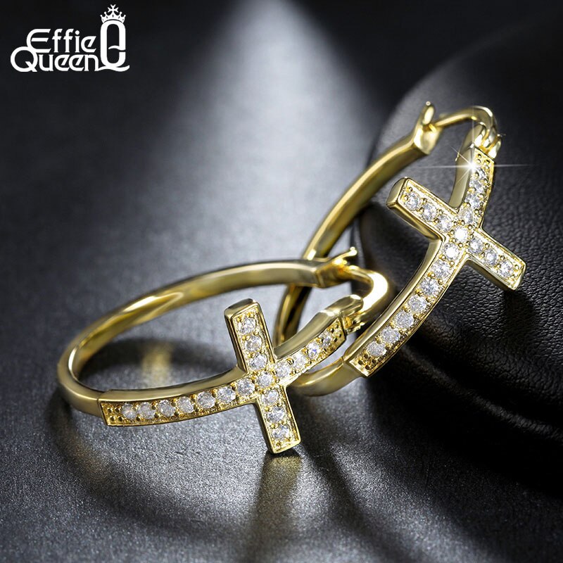 Effie Queen Hot Sale Big Hoop Earrings with CZ Diamonds Classic Cross Style Clip Design  Women&