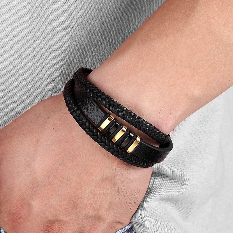 TYO High Quality Stainless Steel Charm Stackable Layered Bracelet Leather Genuine Braided Black Bracelet for Men&