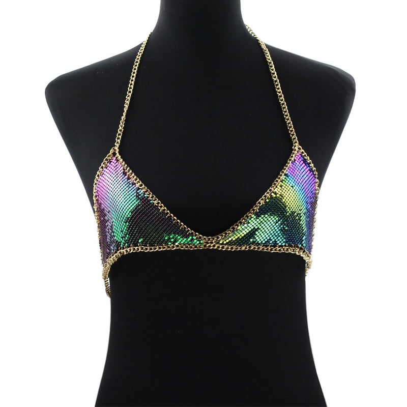 Mesh Sequin Body chain Bra Bikini Chain women Statement Metal bra chain bralette Beach Party Harness body jewelry