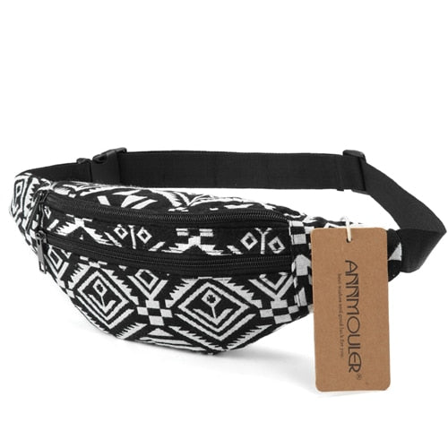 Annmouler New Women Fanny Pack 8 Colors Fabric Waist Packs Bohemian Style Waist Bag 2 Pocket Waist Belt Bag Travel Phone Pouch