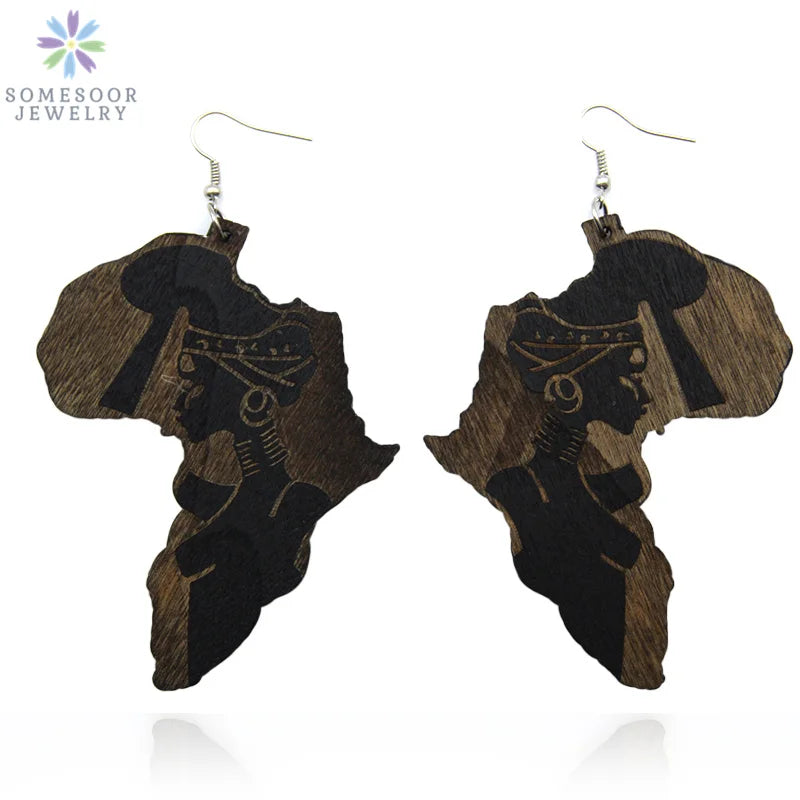SOMESOOR Engraved African Map Retro Unfinished Wood Drop Earrings Black Queen Afrocentric Ethnic Pendant Jewelry Lady Gift 1pair