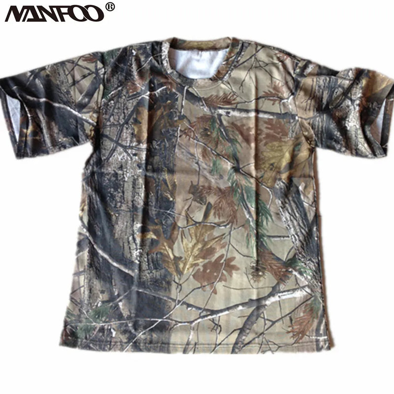 Men’s Summer Short-Sleeved T-Shirt Round Collar Bionic Camouflage Hunting Fishing T-Shirt Outdoor Breathable Cotton Sports Top