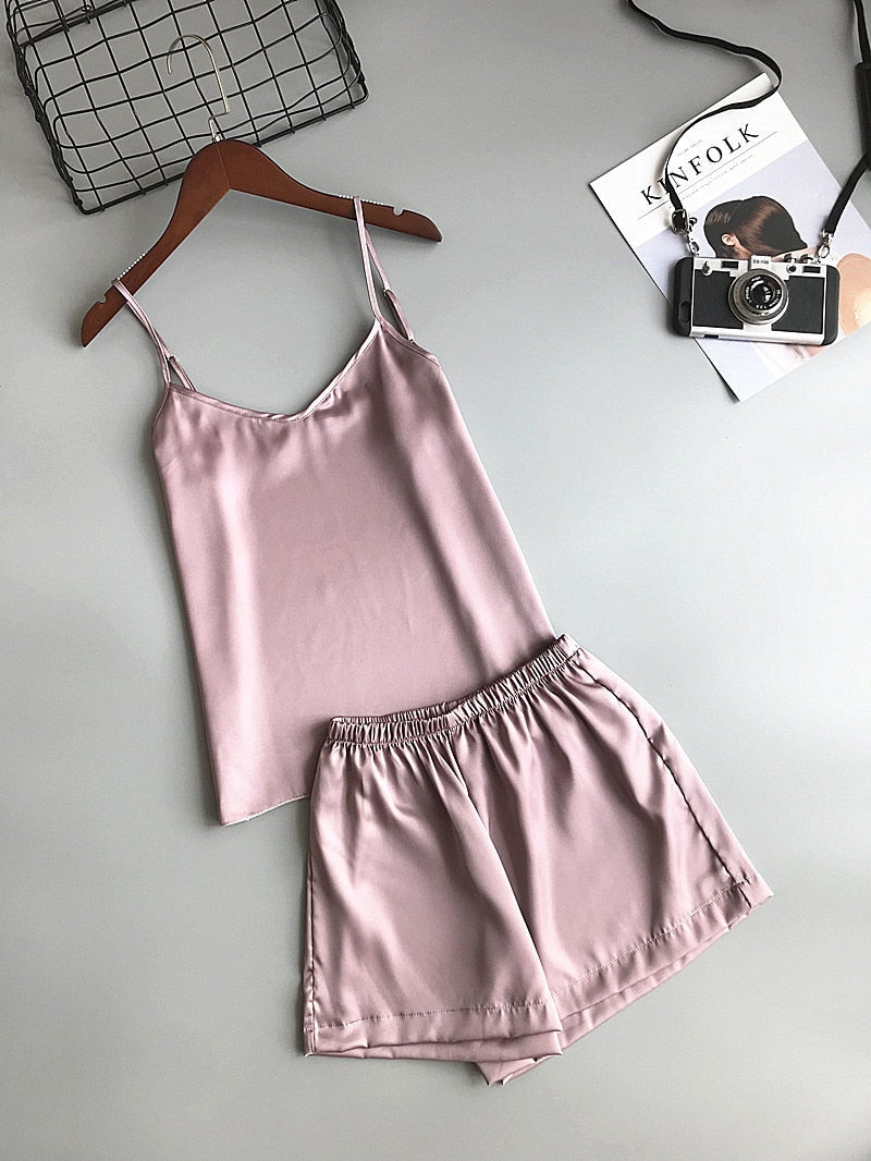 Ice Silk Twinset Korean Solid Color Women Pajamas Camisole Pajama Set Woman Summer Vest Shorts Suit