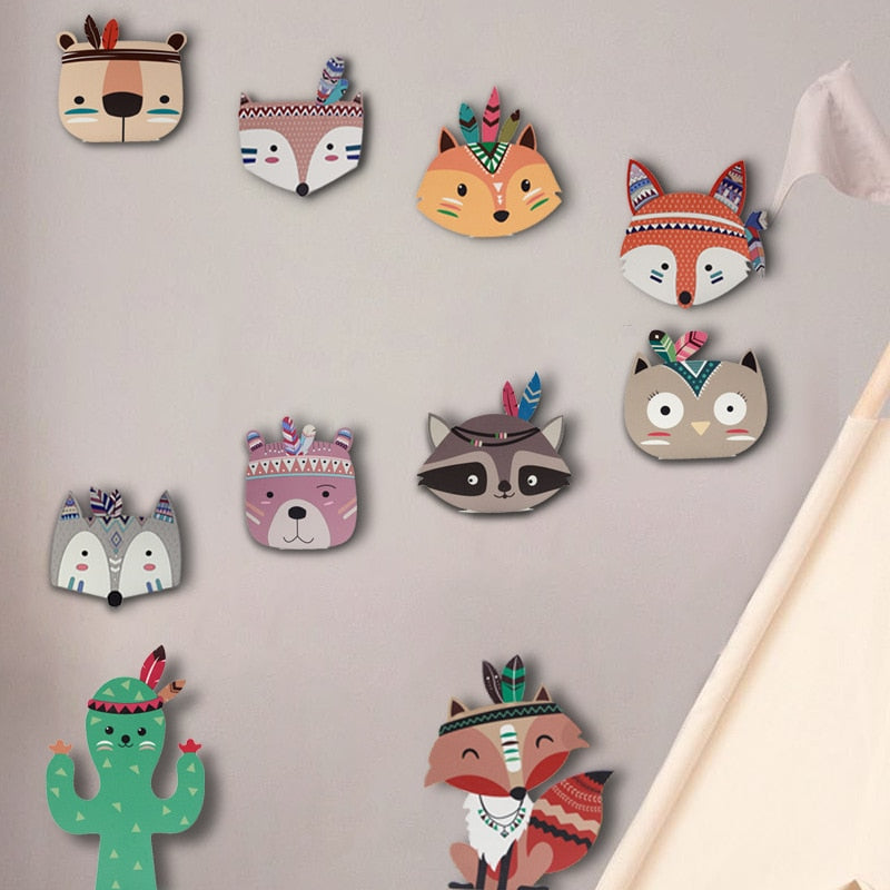 Nordic Nursery Room Decor Animals Fox Bear 3D Wall Stickers For Kids Rooms Wall Stickers Animals Nordic Fox FeatherWall Stickers