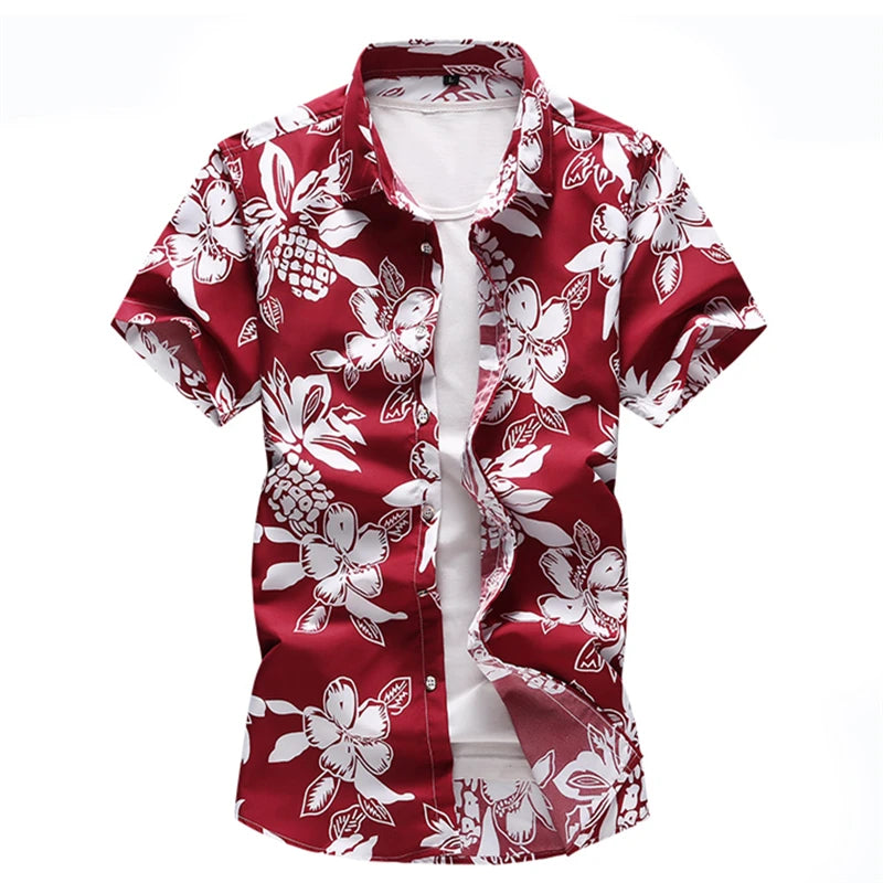 Men floral printed Slim Short sleeve shirts Summer Hawaiian vacation Party casual red blue black Shirt camisa masculina 6XL 7XL