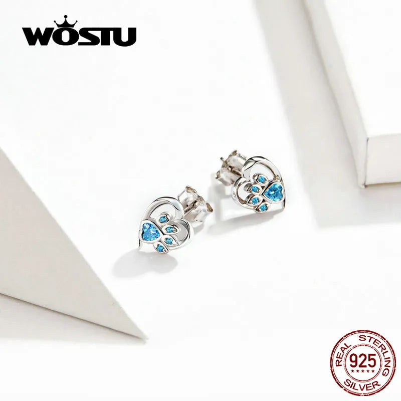WOSTU Dog Paw Footprint Heart Earrings 100% 925 Sterling Silver Blue Zircon Earrings For Women Wedding Luxury Jewelry CQE654