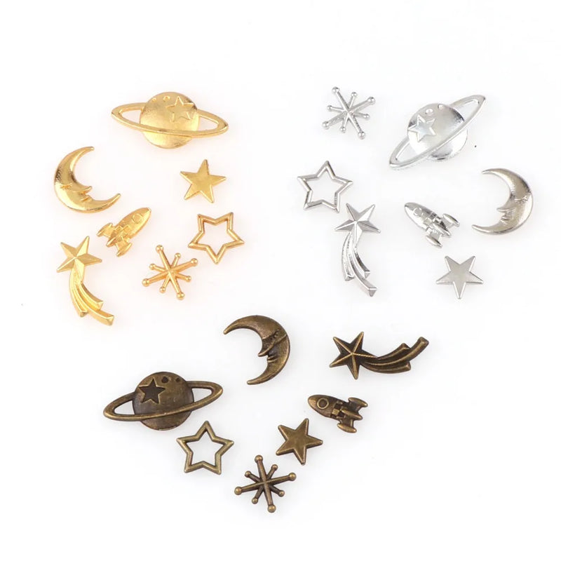Mix 35pc Universe Planet Rocket Cat Smiling Face Moon Metal Material Epoxy Mold Makeing Jewelry Filling For DIY Jewelry