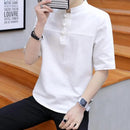 Summer wear new cotton and linen short sleeve T-shirt men's fashion China wind plate button collar half sleeve shirt size T-shir