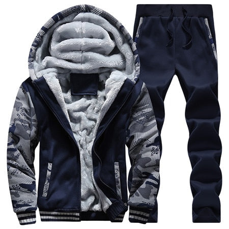 New Winter Tracksuits Men Set Thick Fleece Hoodies+Pants Suit Zipper Hooded Sweatshirt Sportswear Set Male Hoodie Sporting Suits