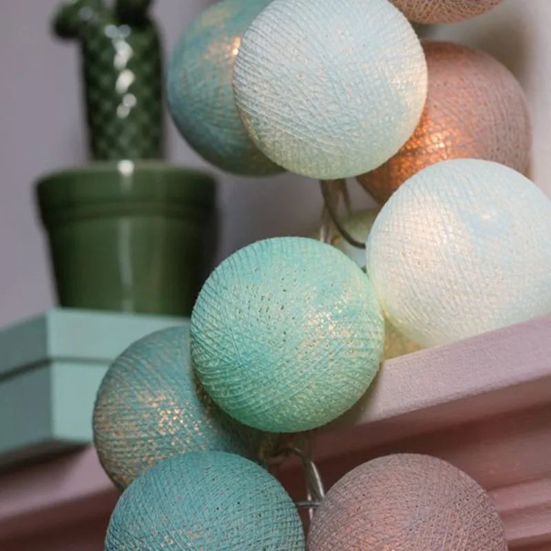 Turquoise+Mint+Sky Blue+Light Gray Mix Cotton Ball String Lights Bedroom Fairy Nursery Night Lamp Garland Holiday