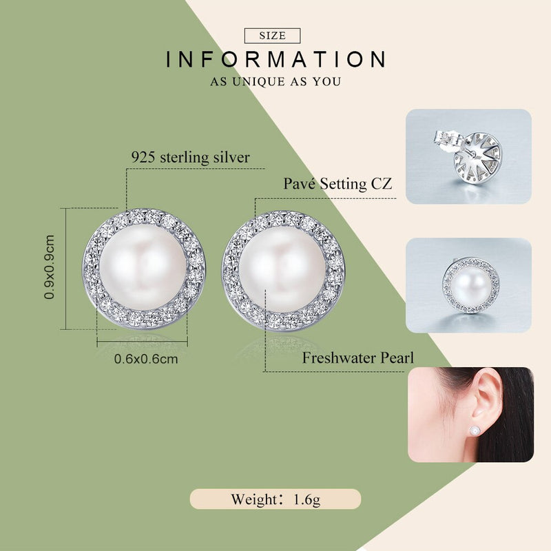 Bamoer 925 Sterling Silver Classic Round Fresh Water Pearl Stud Earrings Pave Setting CZ for Women Engagement Jewerly SCE122