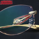 Chashma Quality Pure Titanium Glasses Women Rimless Frame Tint Lenses Diamond Rhinestone Glass Engraved with Flower