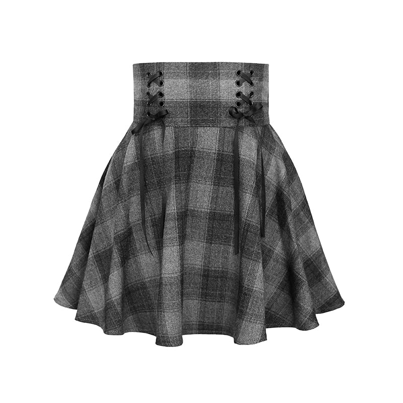 Gothic Women Skirts Fashion Autumn Winter Plaid Woolen Skirt Female High Waist Lace Up Mini Thick Warm Girls Saia 2023