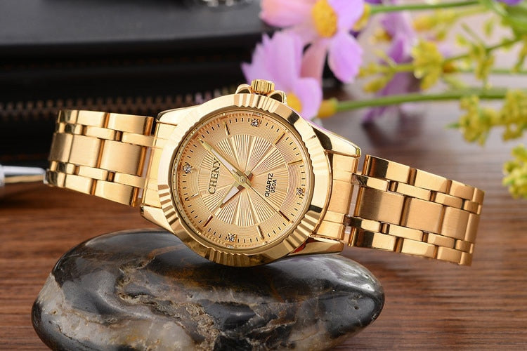 CHENXI Brand Classic Delicate Rhinestone Couple Lover Watches Fashion Luxury Gold Stainless Steel Men&Women Watch Orologi Coppia