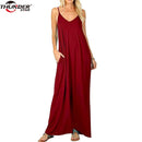 Women Long dress Female Summer V Neck Spaghetti Strap Plain Flowy Pockets Loose Beach Cami Maxi Dress Casual Sundress Robe Femme