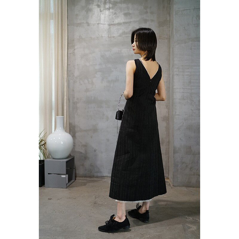 2019 dark black minimalist cool dress small ramie jacquard sleeveless vest dress