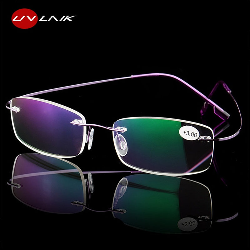 UVLAIK Stainless Steel Reading glasses Rimless Men Women Reading Glasses Definition Anti Fatigue Ultralight Frameless Eyewear