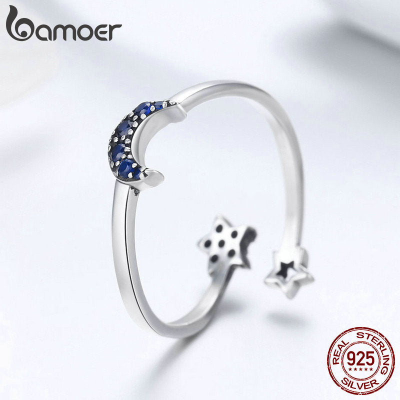 BAMOER Real 925 Sterling Silver Sparkling Blue Moon Star Clear CZ Finger Rings for Women Wedding Engagement Jewelry anel SCR437