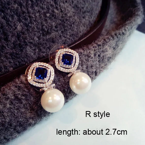 Fashion Vintage Flower Blue Water Drop Earrings Women Crystal Stone Long Tassel Earrings Cubic Zirconia Pearl Women Earrings