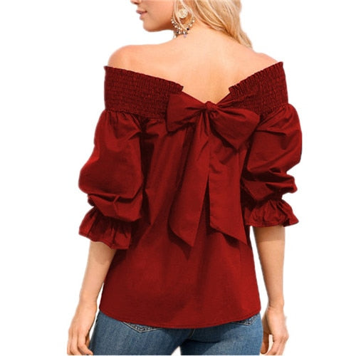 Sexy Off Shoulder Spring Summer Strapless Blouse Women Bowknot Tops Slash Neck Shirts Casual Loose blusas mujer de moda 2019