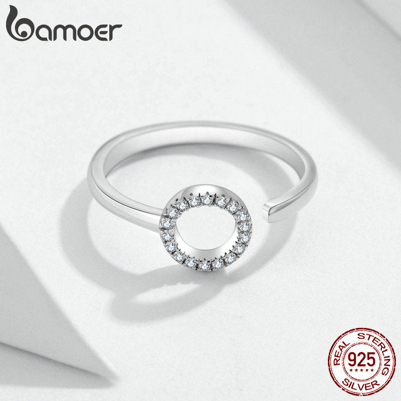 bamoer Geometric Round Simple Adjustable Finger Rings for Women Sterling Silver 925 Clear CZ Free Size Circle Jewelry SCR545