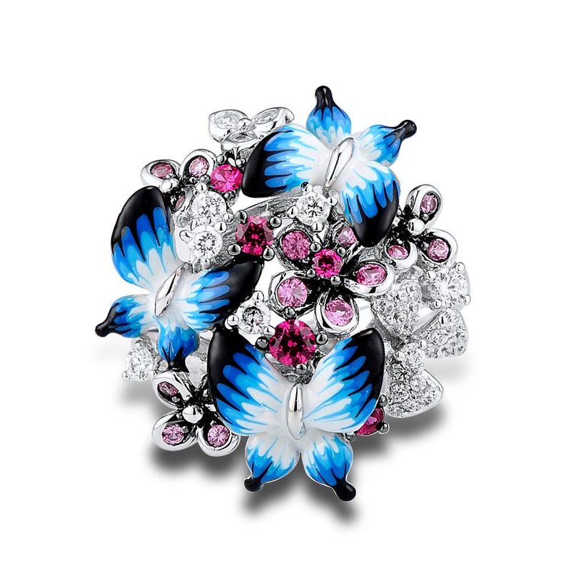 SANTUZZA Silver Ring For Women 925 Sterling Silver Glamorous Butterflies Shiny Cubic Zirconia Ring Fashion Jewelry Enamel