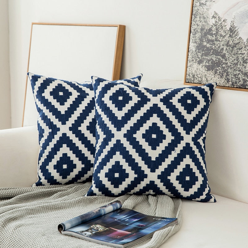 Home Decor Embroidered Cushion Cover Navy Blue/White Geometric Floral Canvas Cotton Suqare Embroidery Pillow Cover 45x45cm