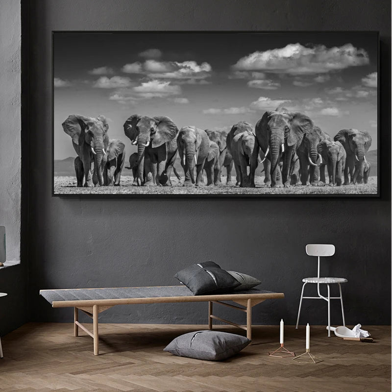 Modern Animals Posters and Prints Wall Art Canvas Painting African Elephant Herd Pictures for Living Room Cuadros Decor No Frame